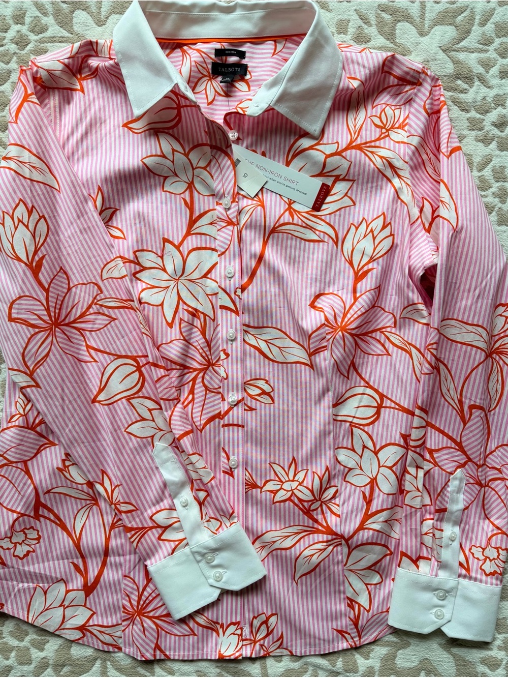 Talbots Bright Pink Stripe and Orange Floral Button-Down No-Iron Shirt NWT